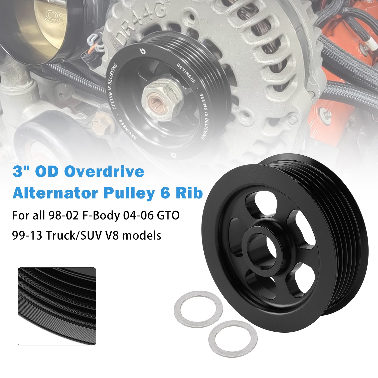 3" OD Overdrive Alternator Pulley 6 Rib Billet Aluminum For LS1 LS2 LS3 LS6