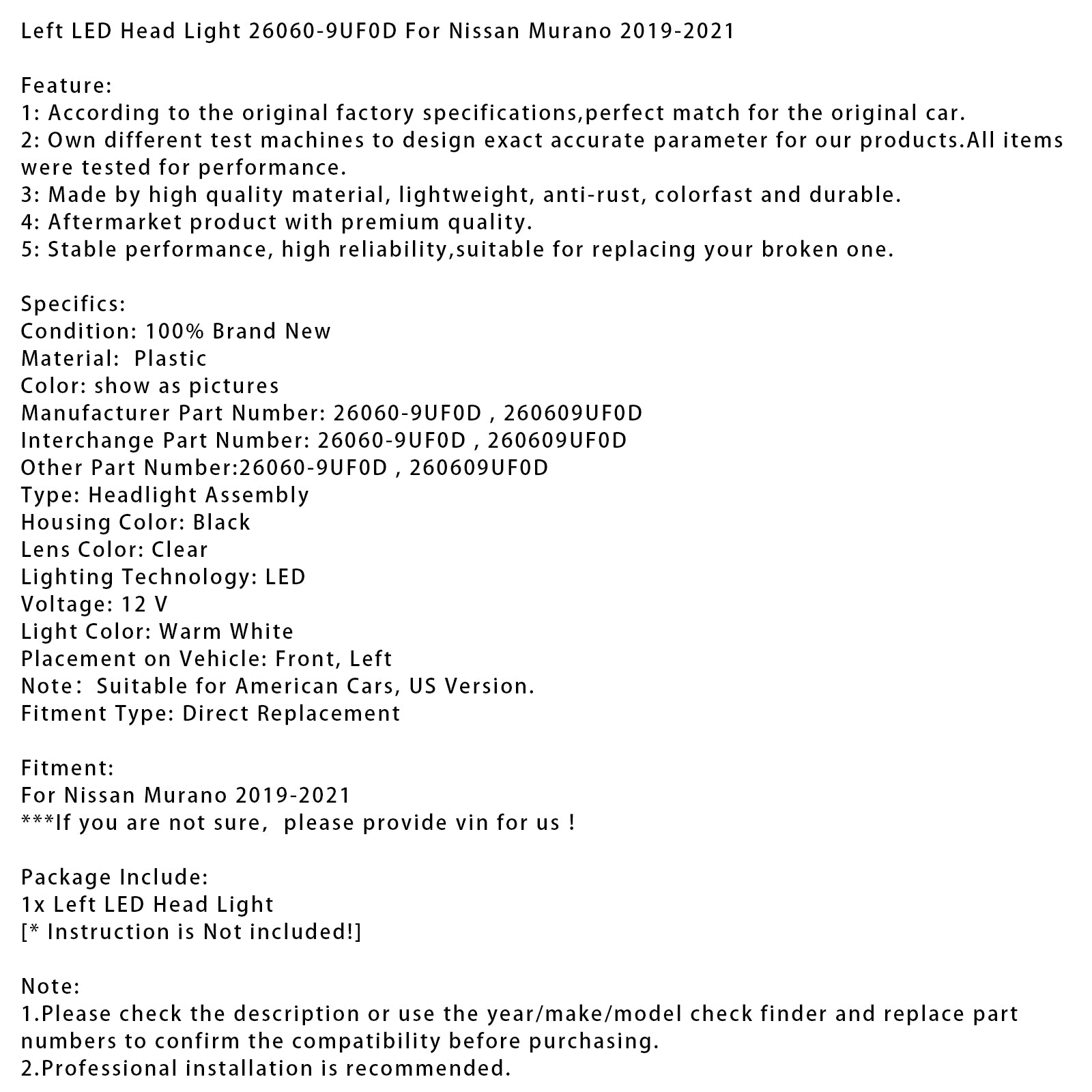 Left LED Head Light 26060-9UF0D For Nissan Murano 2019-2021