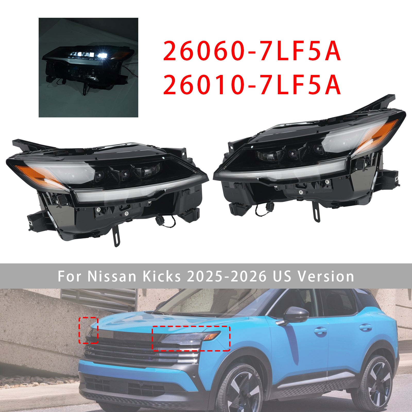 Left+Right LED Headlight 26060-7LF5A 26010-7LF5A For Nissan Kicks 2025-2026