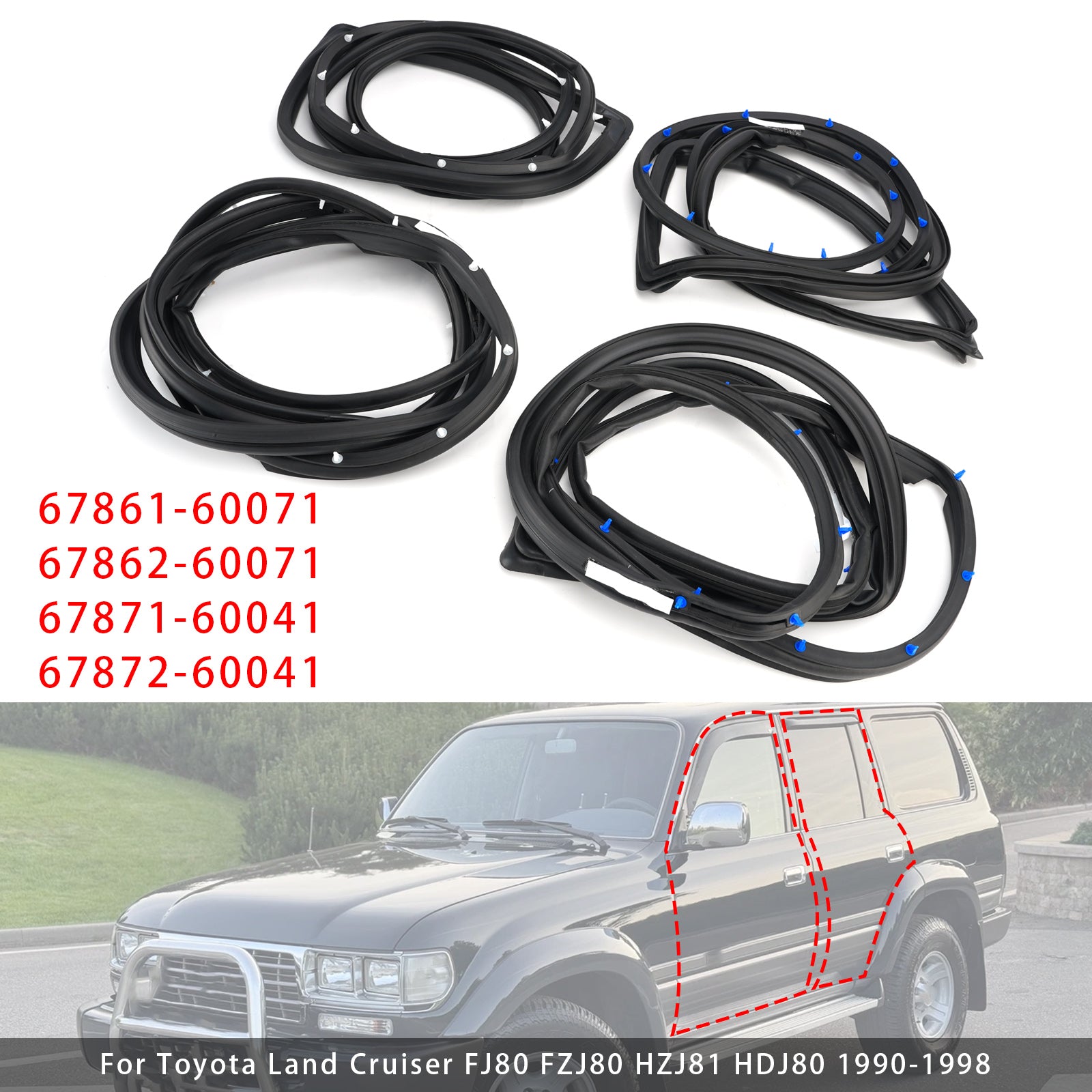 4Pcs Door Weatherstrip For Toyota Land Cruiser Fj80 Fzj80 Hzj81 Hdj80 1990-1998
