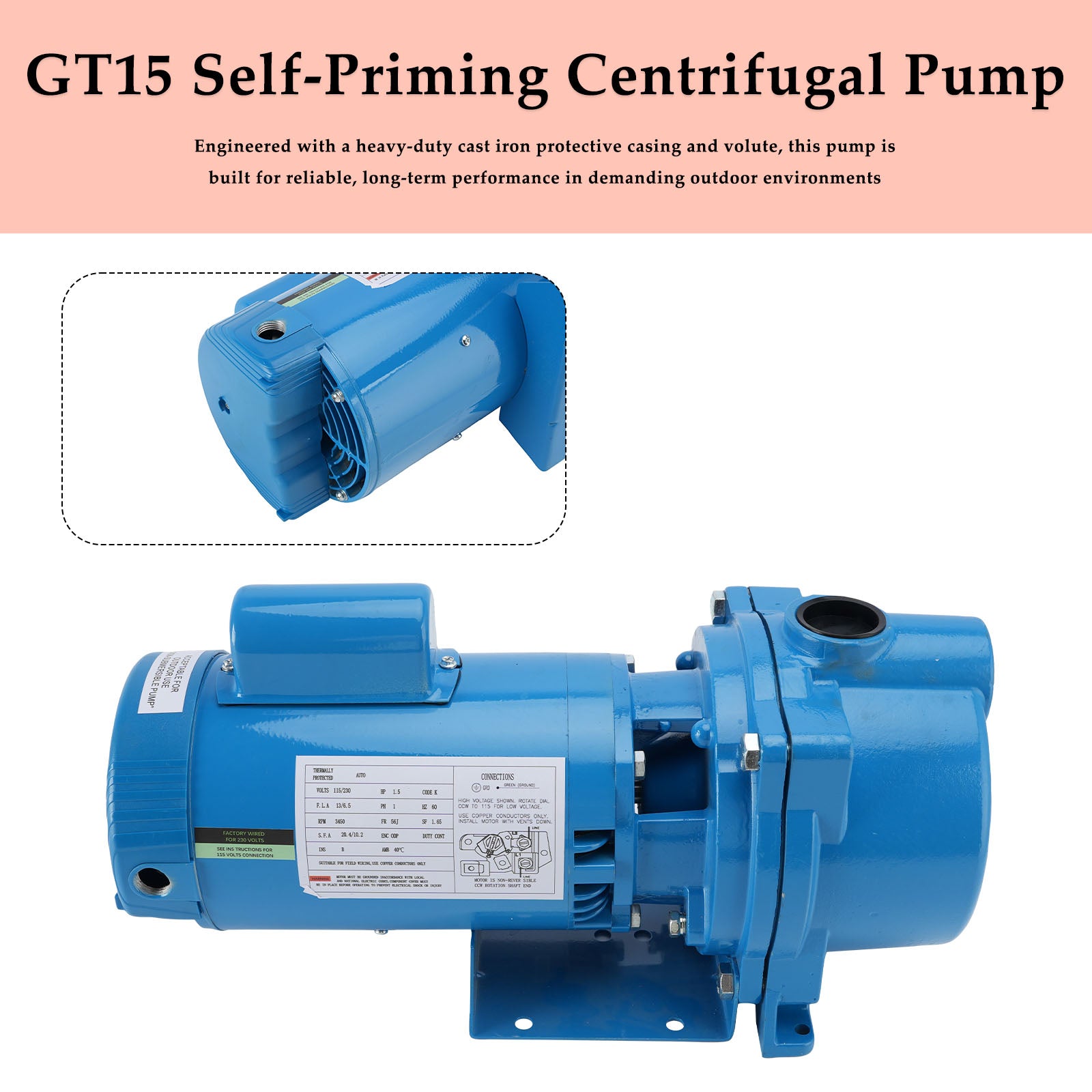 GT15 Self - Priming Centrifugal Pump - 1.5 HP
