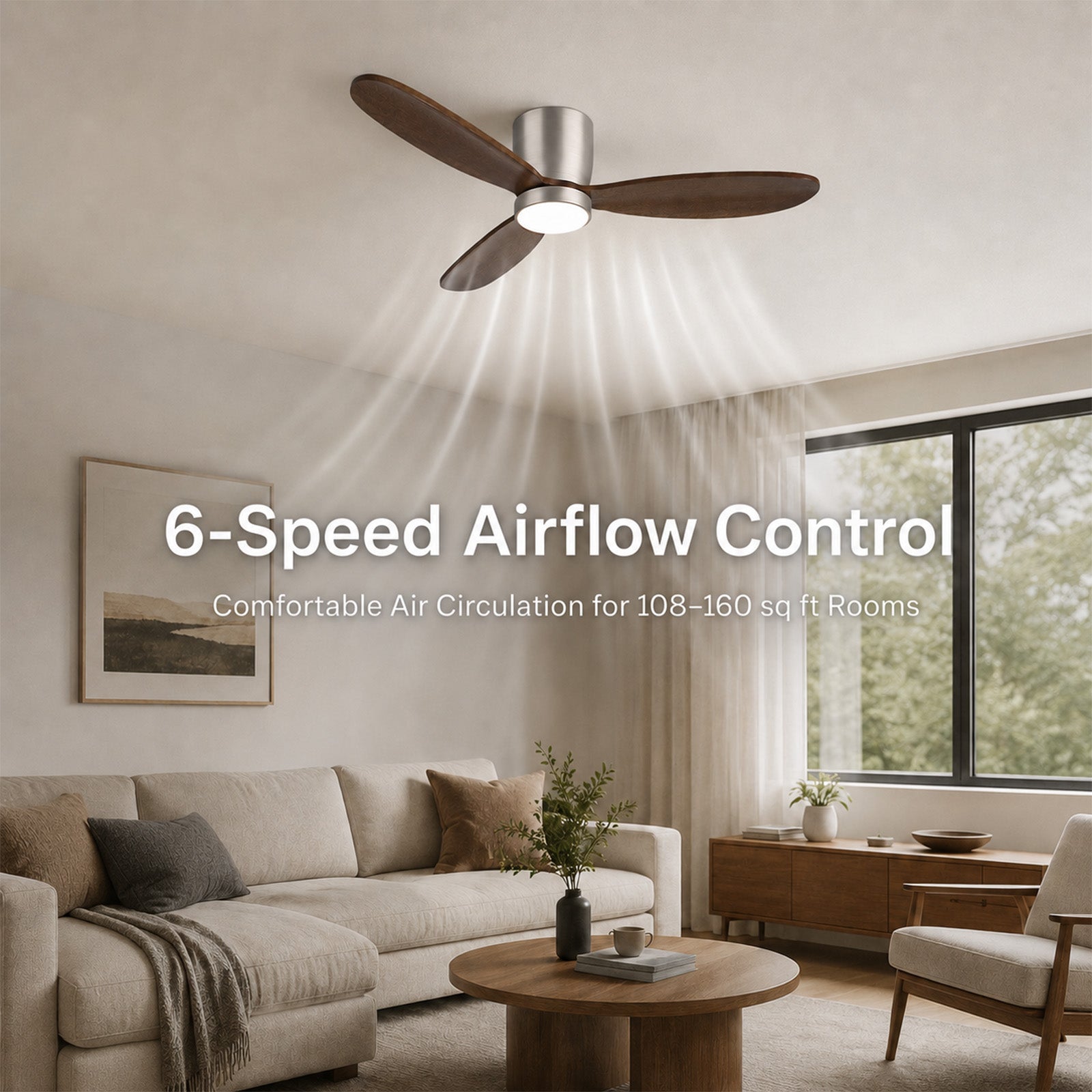 Quiet 35W Motor 6 Speed Flush Ceiling Fan 3 Color Temperature LED Light Remote