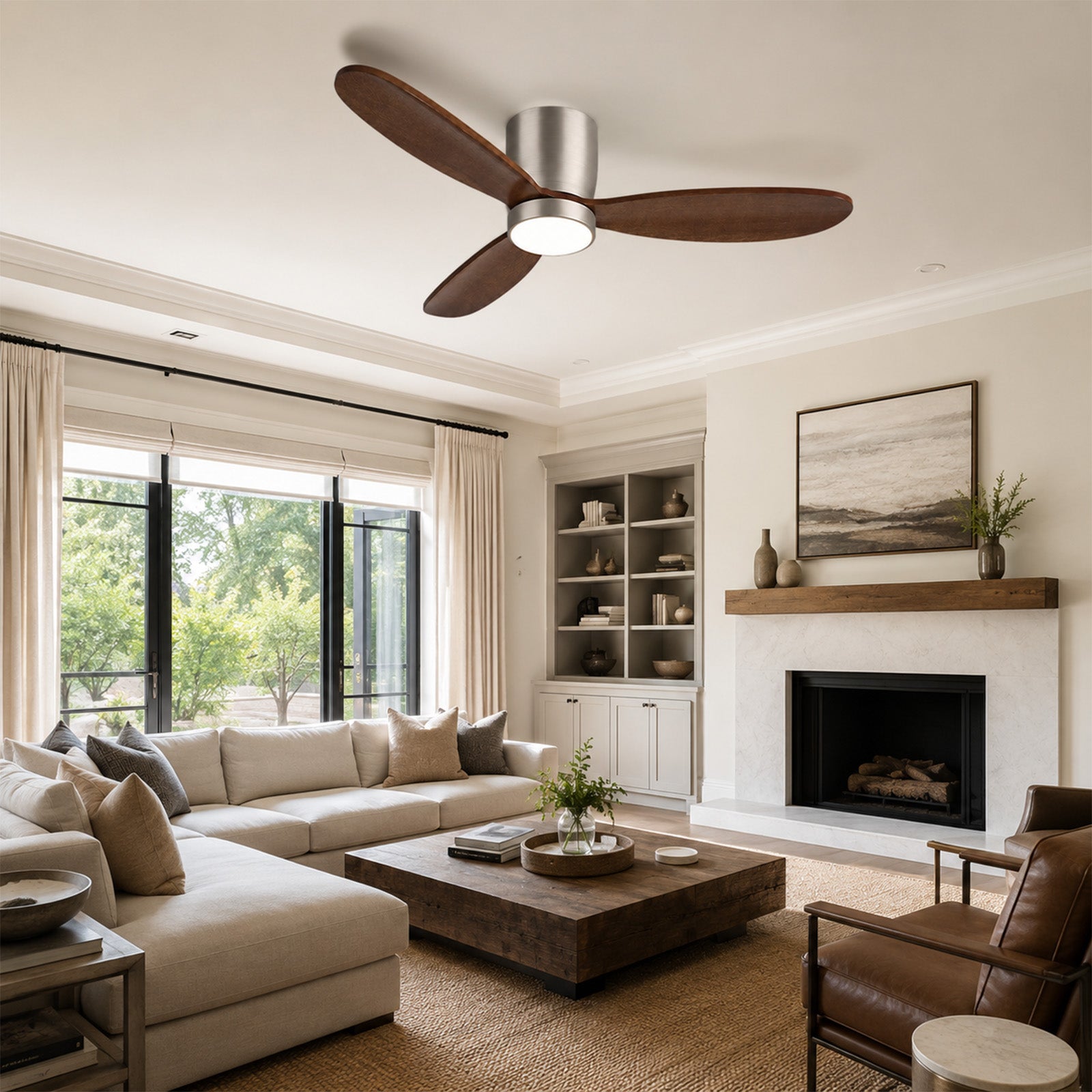 Quiet 35W Motor 6 Speed Flush Ceiling Fan 3 Color Temperature LED Light Remote