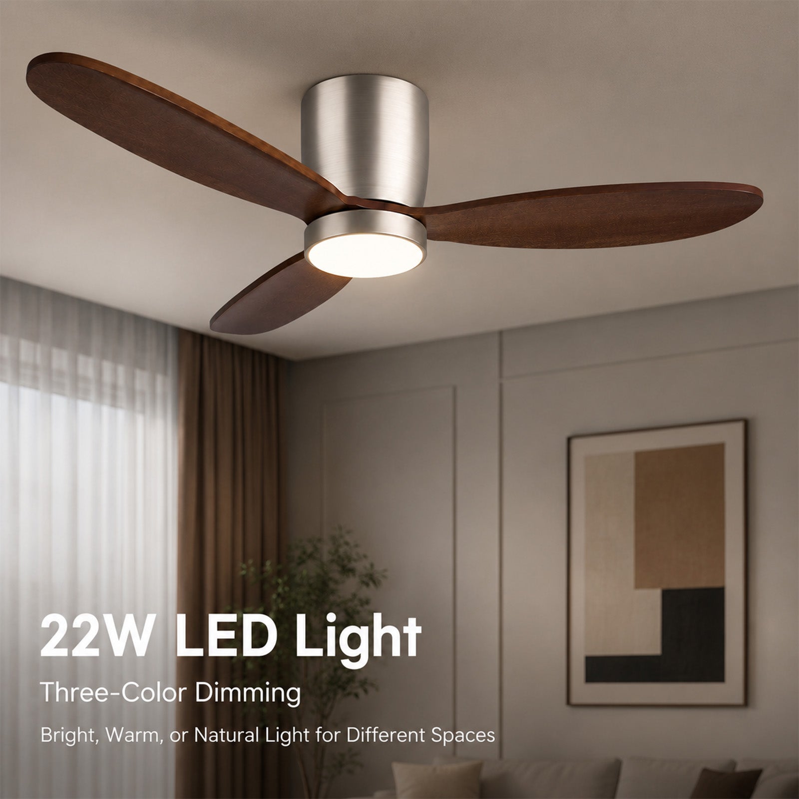 Quiet 35W Motor 6 Speed Flush Ceiling Fan 3 Color Temperature LED Light Remote