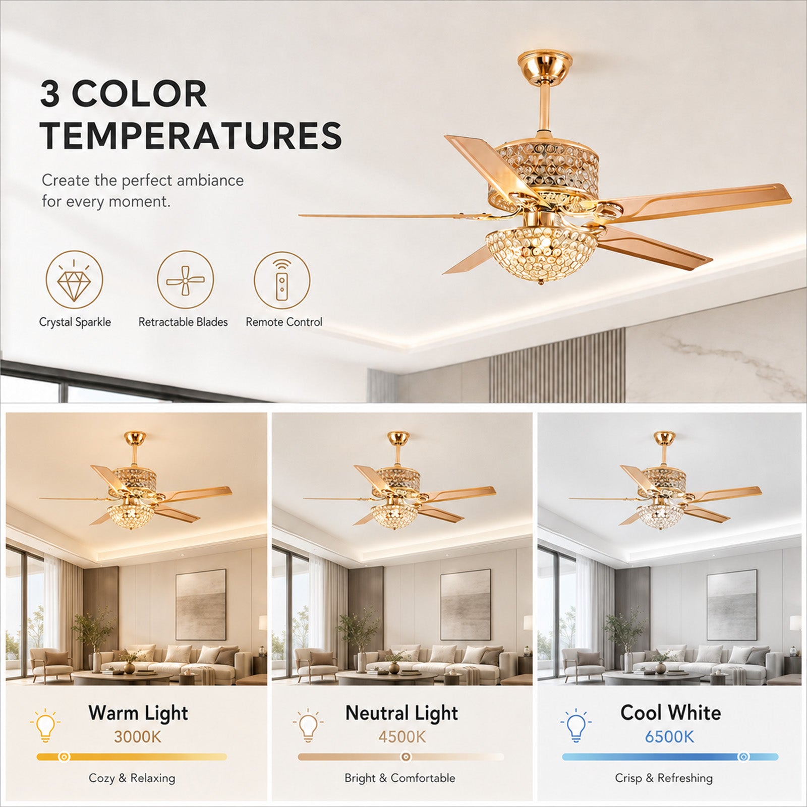 52 " Crystal Ceiling Fan with Light and Remote