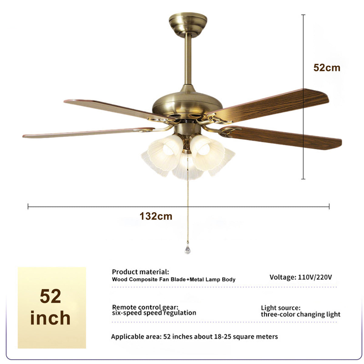 52-Inch Vintage Ceiling Fan with Light
