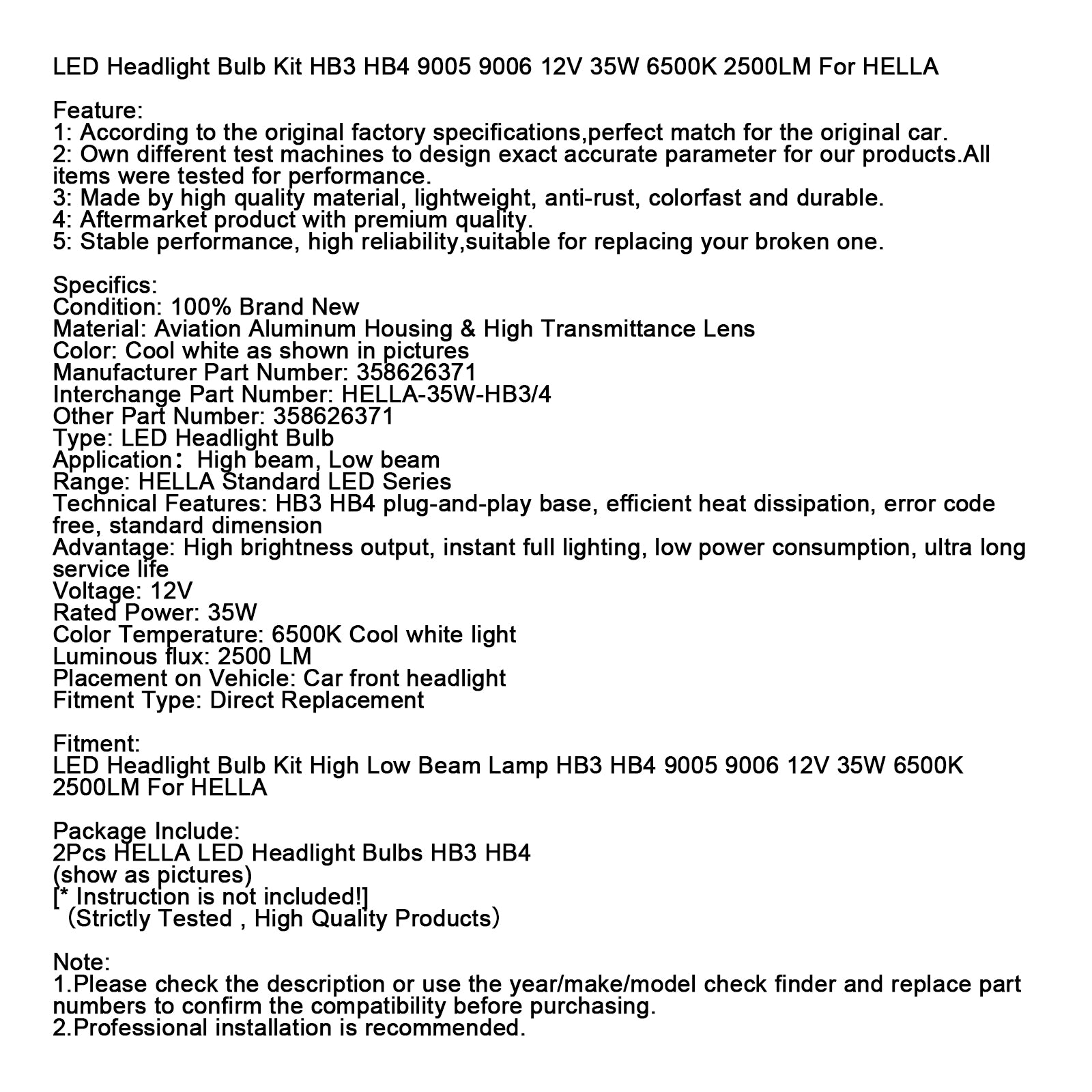 LED Headlight Bulb Kit HB3 HB4 9005 9006 12V 35W 6500K 2500LM For HELLA