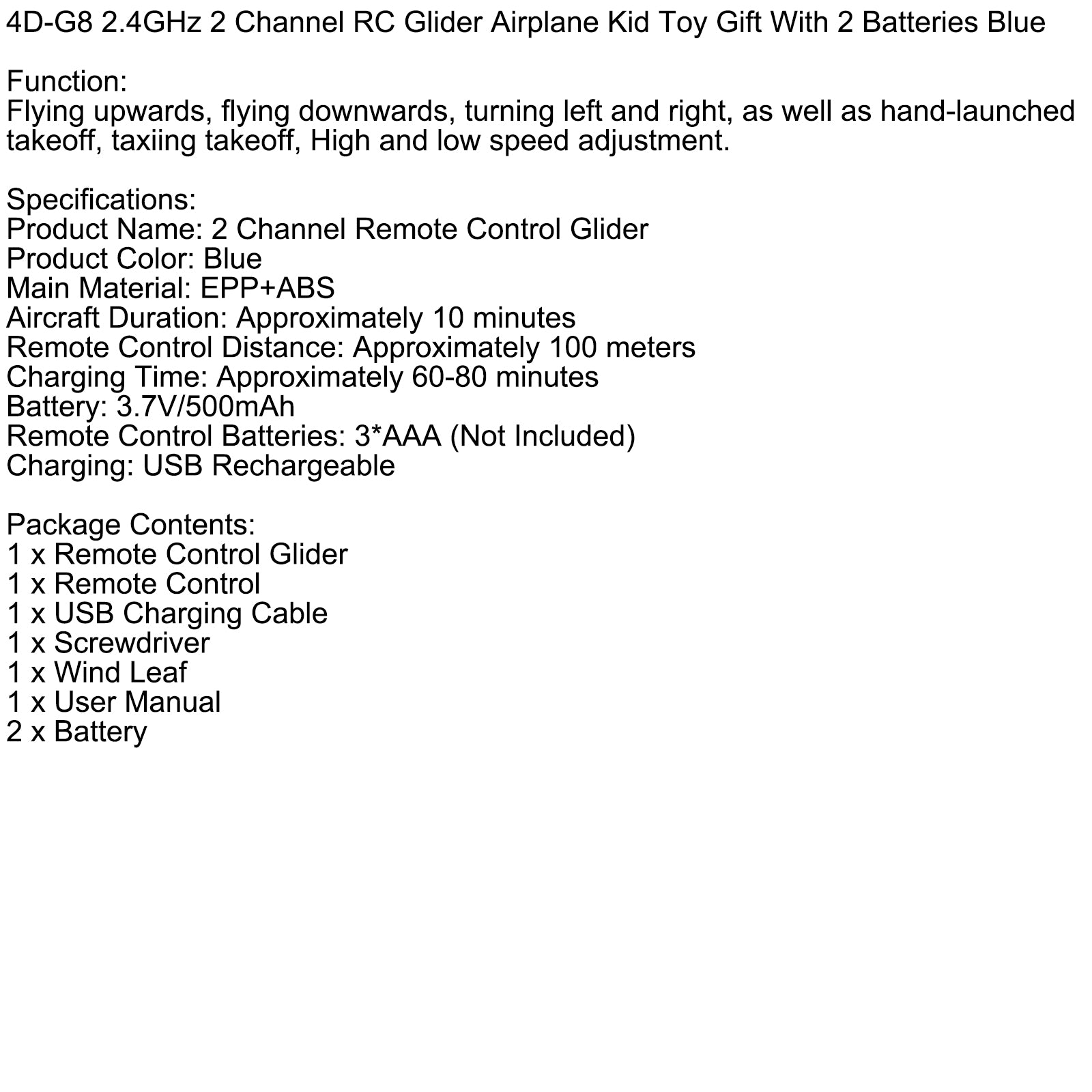 4D-G8 2.4GHz 2 Channel RC Glider Airplane Kid Toy Gift With 2 Batteries Blue