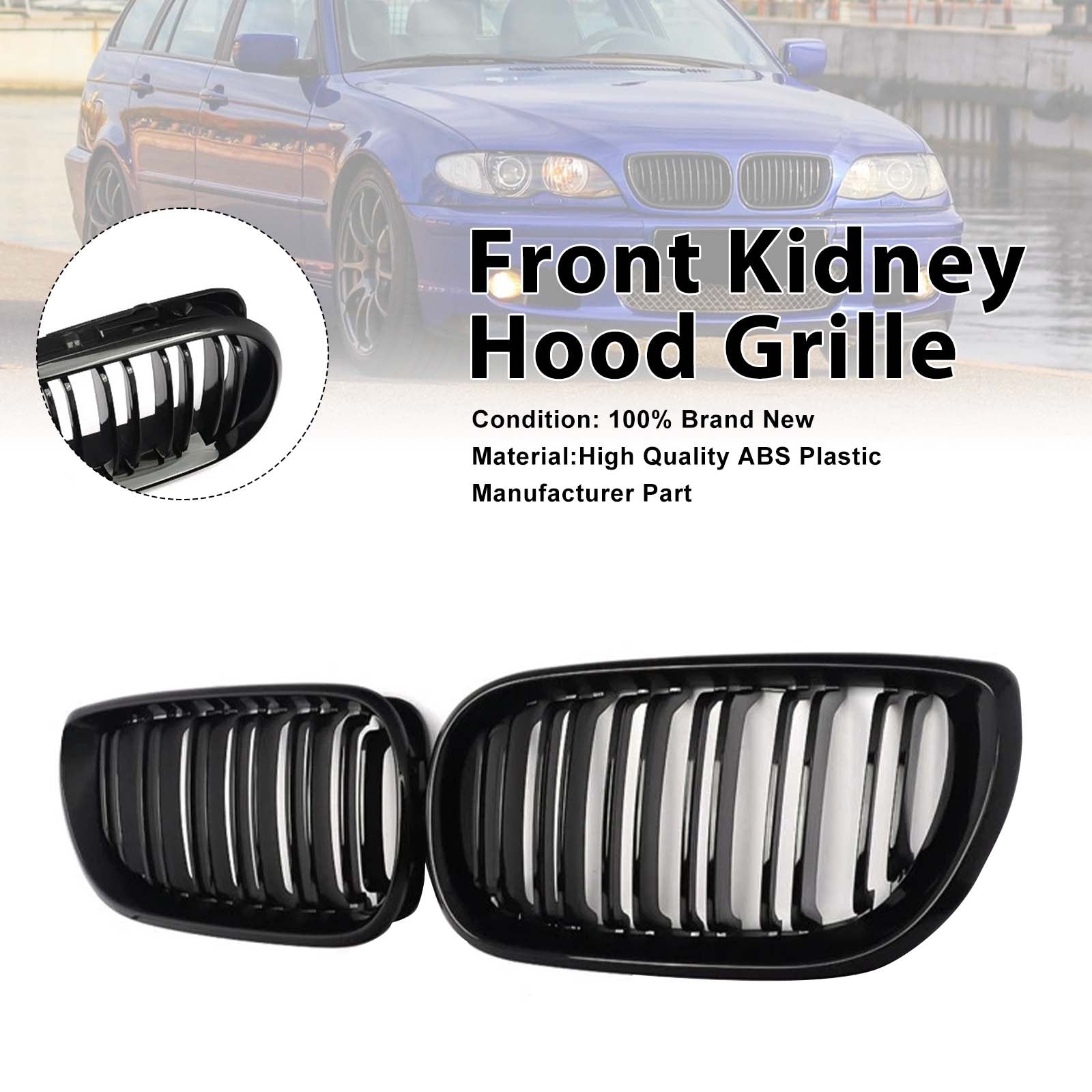Front Kidney Hood Grille Grill For BMW E46 3 Series 4 Door 2002-2005 Gloss Black