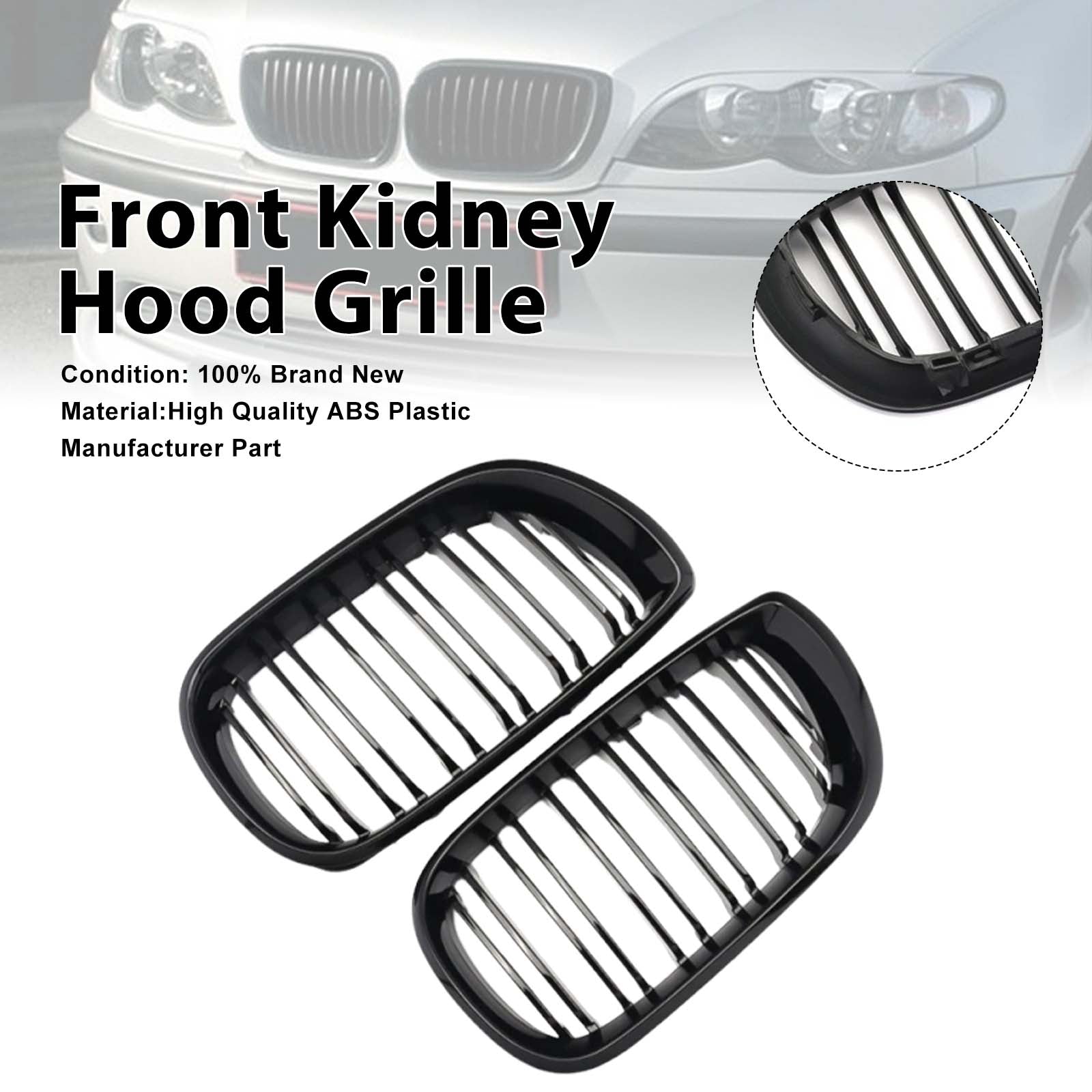 Front Kidney Hood Grille Grill For BMW E46 3 Series 4 Door 2002-2005 Gloss Black