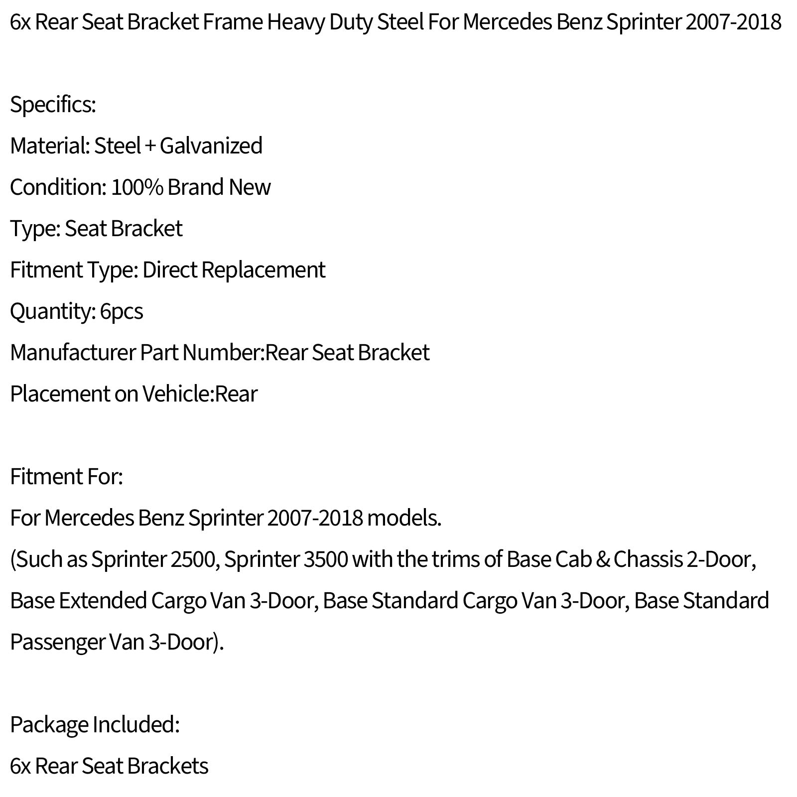 6x Rear Seat Bracket Frame Heavy Duty Steel For Benz Sprinter 2007-2018