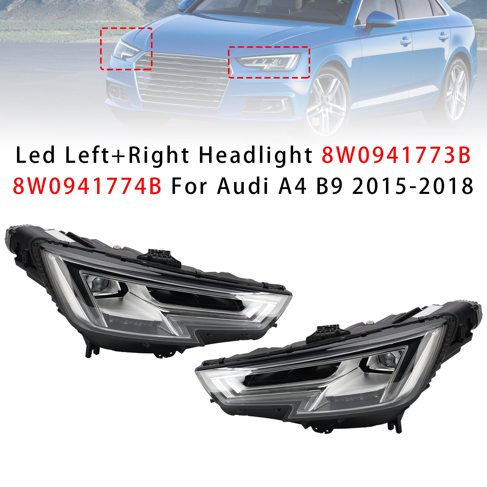 LED Left+Right Headlight 8W0941773B 8W0941774B For Audi A4 B9 2015-2018