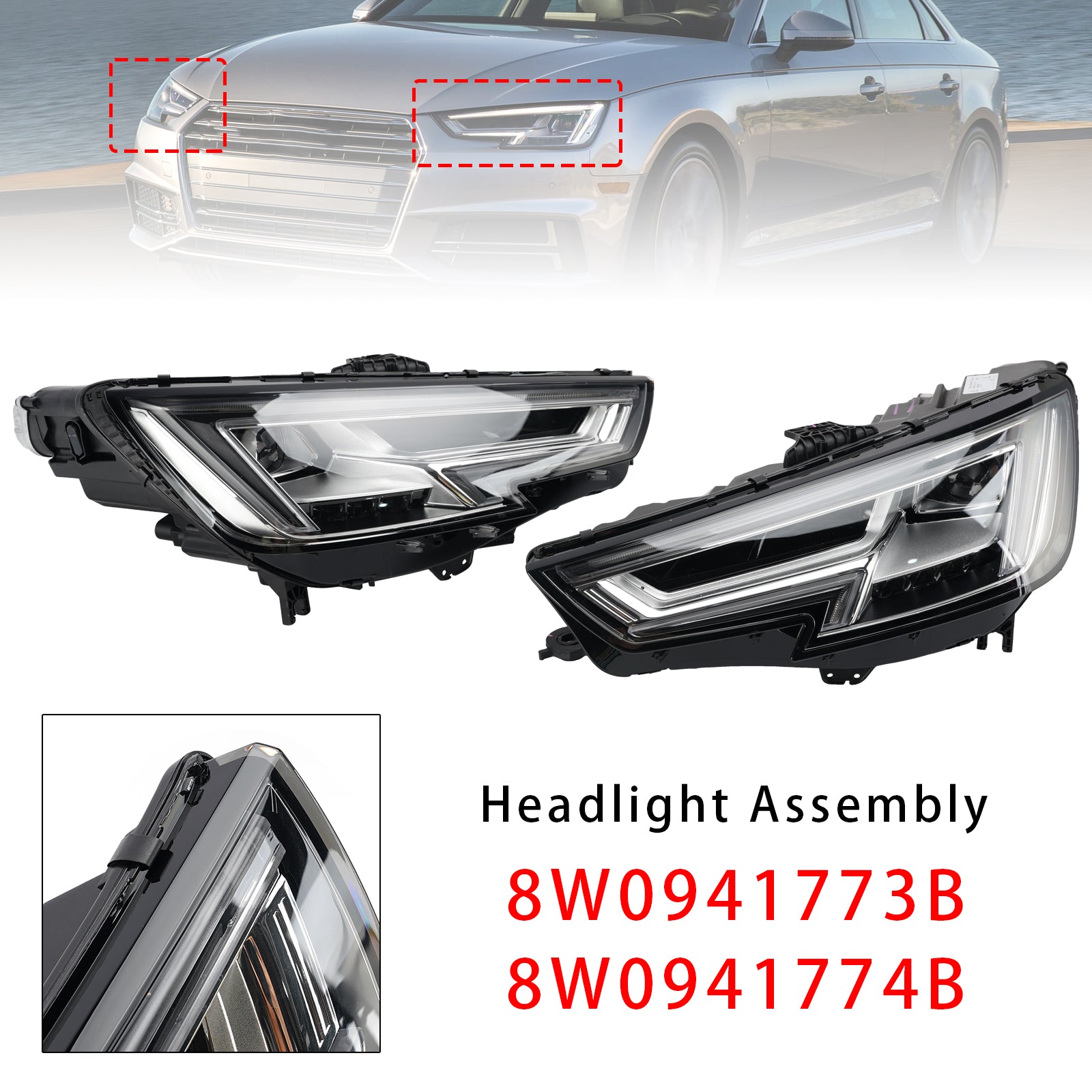 LED Left+Right Headlight 8W0941773B 8W0941774B For Audi A4 B9 2015-2018