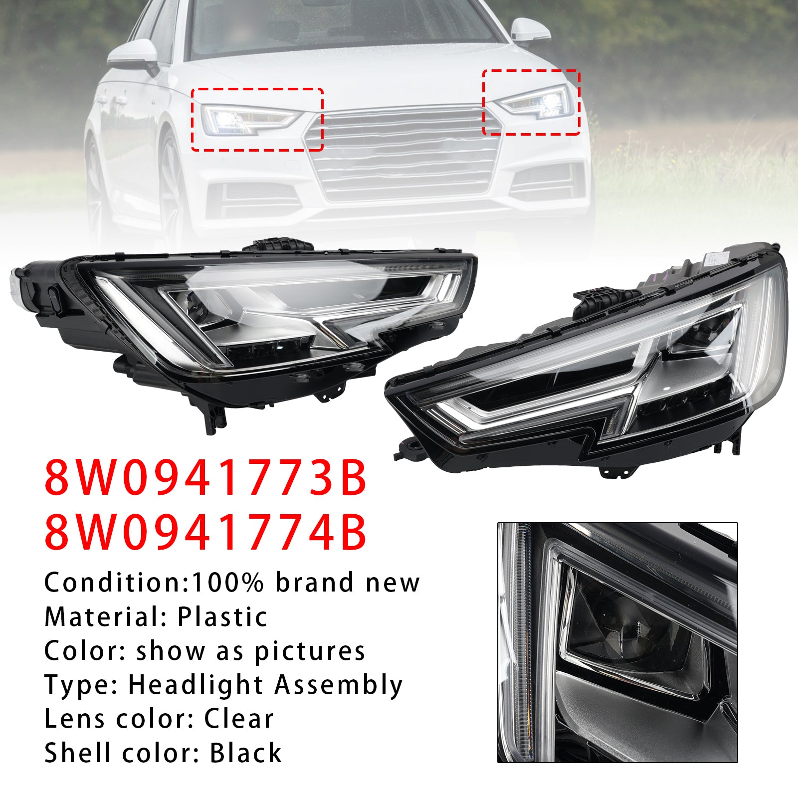 LED Left+Right Headlight 8W0941773B 8W0941774B For Audi A4 B9 2015-2018