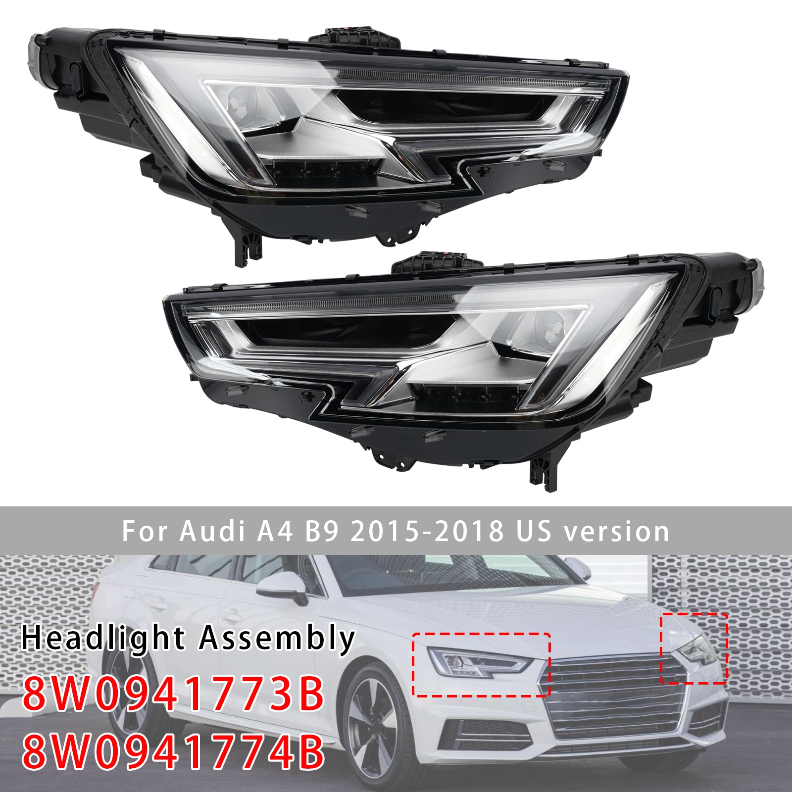 LED Left+Right Headlight 8W0941773B 8W0941774B For Audi A4 B9 2015-2018