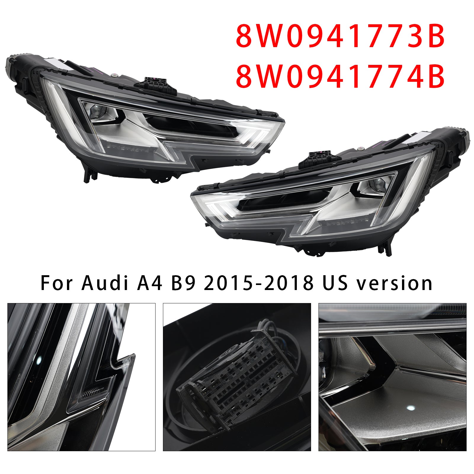 LED Left+Right Headlight 8W0941773B 8W0941774B For Audi A4 B9 2015-2018