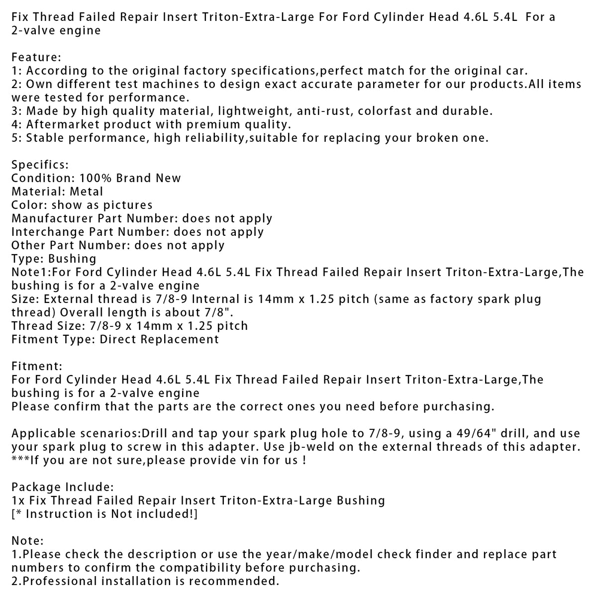 Fix Thread Failed Repair Insert Extra-Large For Ford Cylinder Head 4.6L 2-valve