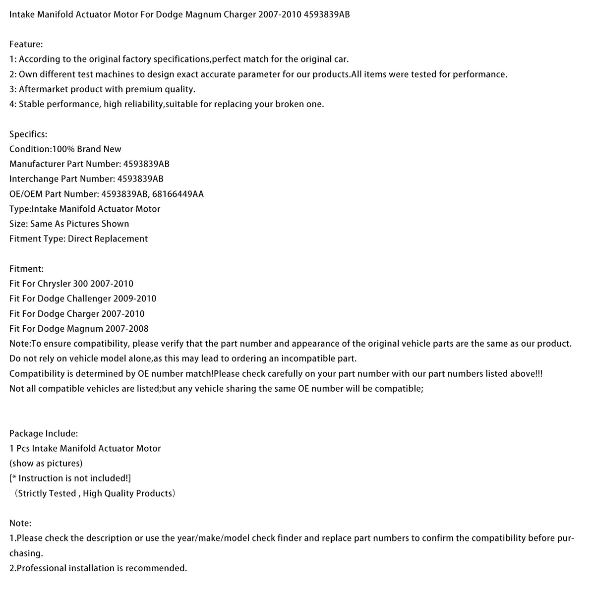 Intake Manifold Actuator Motor For Dodge Magnum Charger 2007-2010 4593839AB