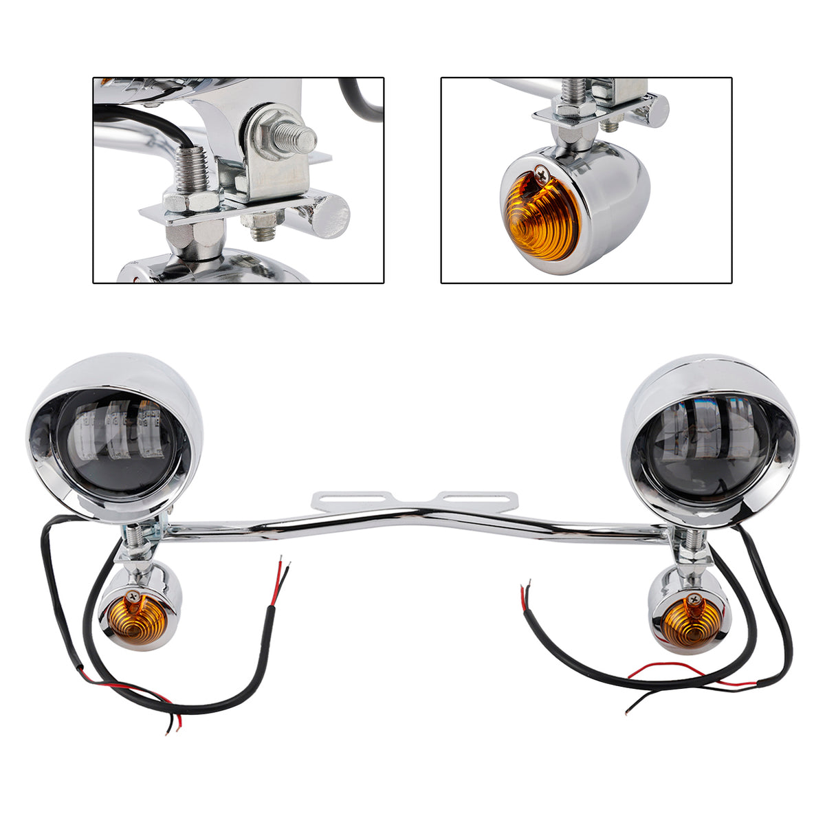 Motorcycle Beam Fog Lamp Custom Chrome W/ Bracket Led For Racer Bobber Chopper