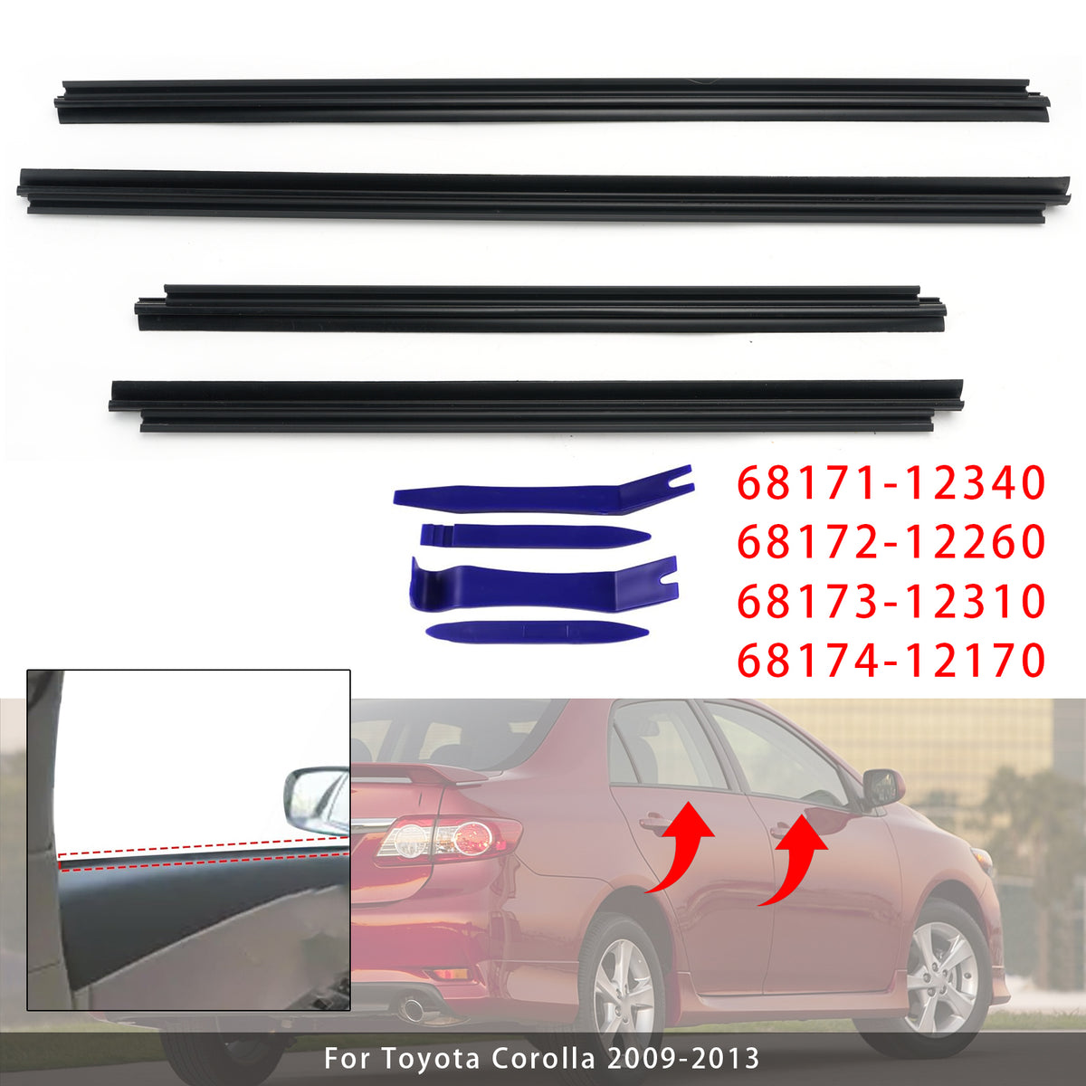 4Pcs Inner Door Window Glass Weatherstrip For Toyota Corolla 2009-2013