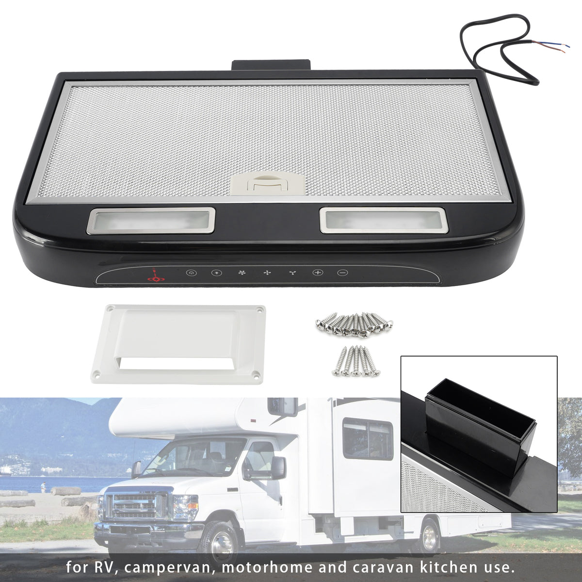 12V RV Range Hood 520mm Touch Control Caravan Cooker Hood With 3 Speed Fan & LED