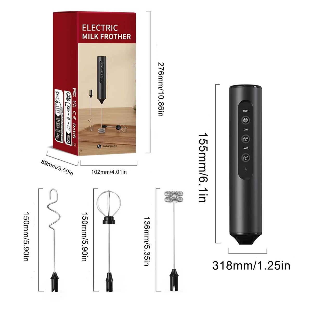 KJBQ-23X-BS-BOX Electric Milk Frother Rechargeable Electric Whisk 3 Head 3 Speed