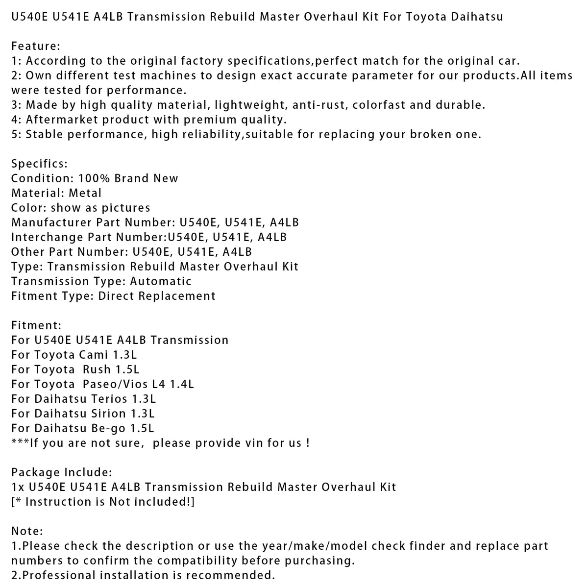 U540E U541E A4LB Transmission Rebuild Master Overhaul Kit For Toyota Daihatsu