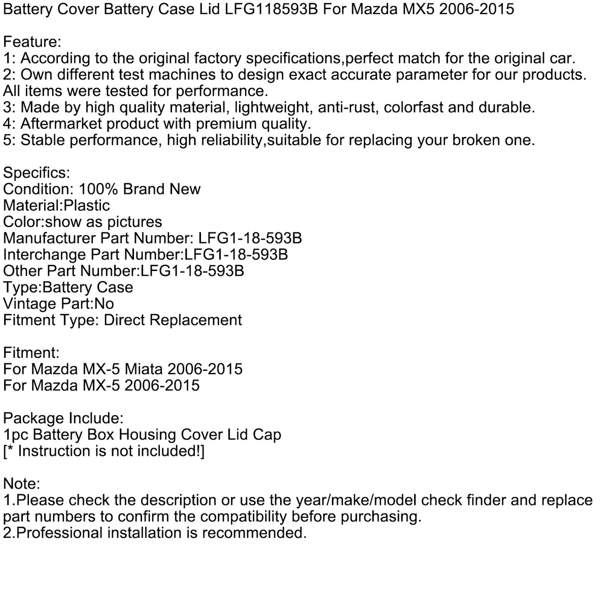 Battery Cover Battery Case Lid LFG118593B For Mazda MX5 2006-2015
