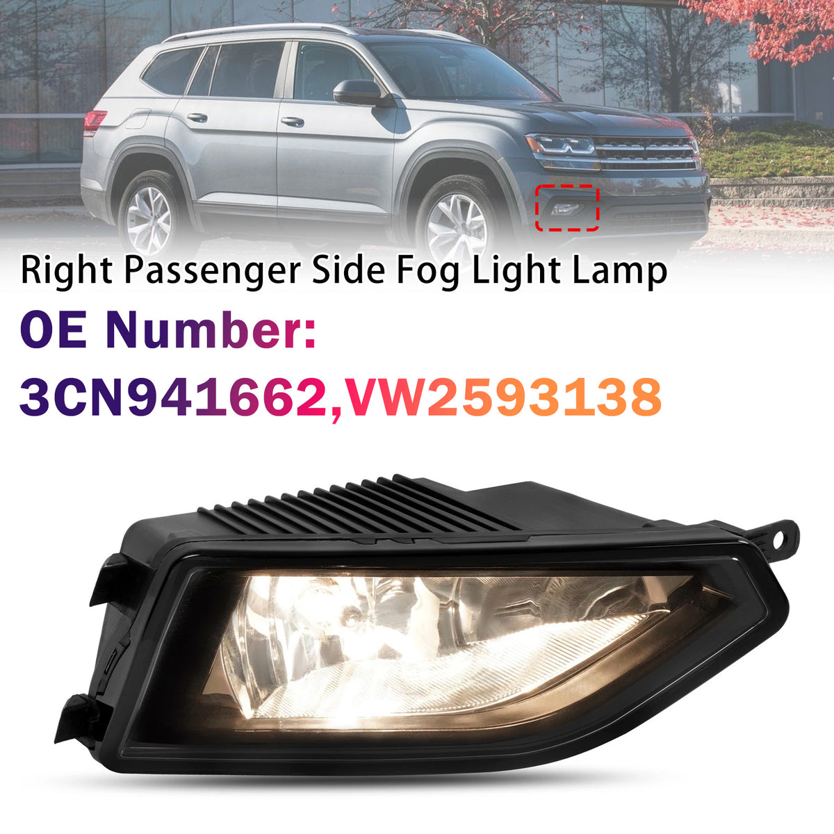 Right Passenger Side Reflector Type Fog Light Lamp For VW Atlas 2018-2020