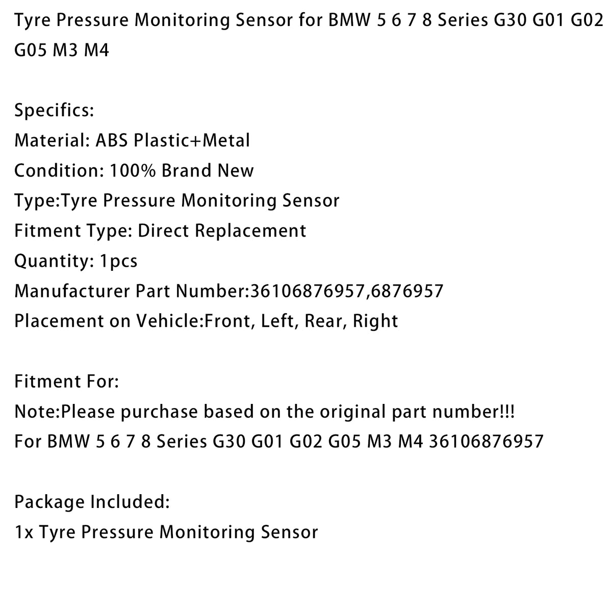 Tyre Pressure Monitoring Sensor For BMW 5 6 7 8 Series G30 G01 G02 G05 M3 M4