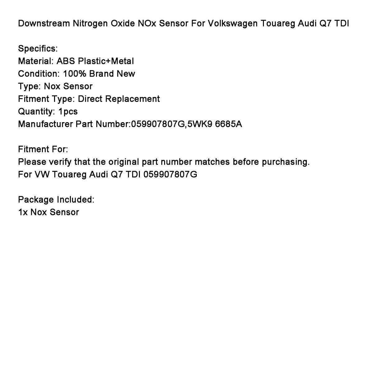Nitrogen Oxide NOx Sensor 059907807G For Volkswagen Touareg Audi Q7 TDI