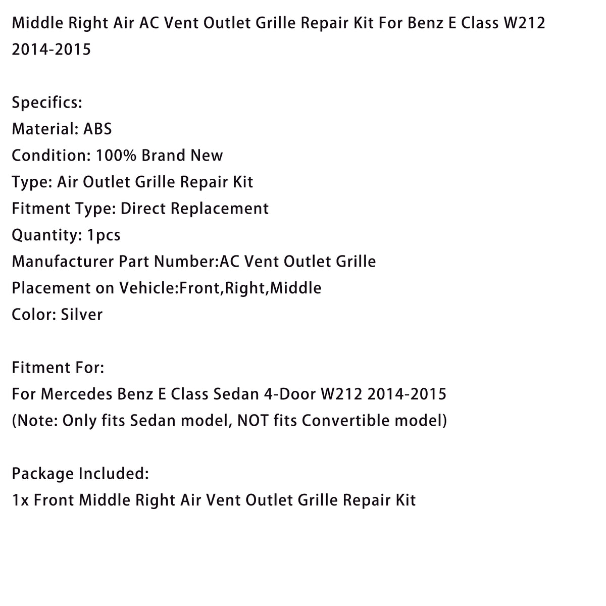 Middle Right Air AC Vent Outlet Grille Repair Kit For Benz E Class W212 2014-2015
