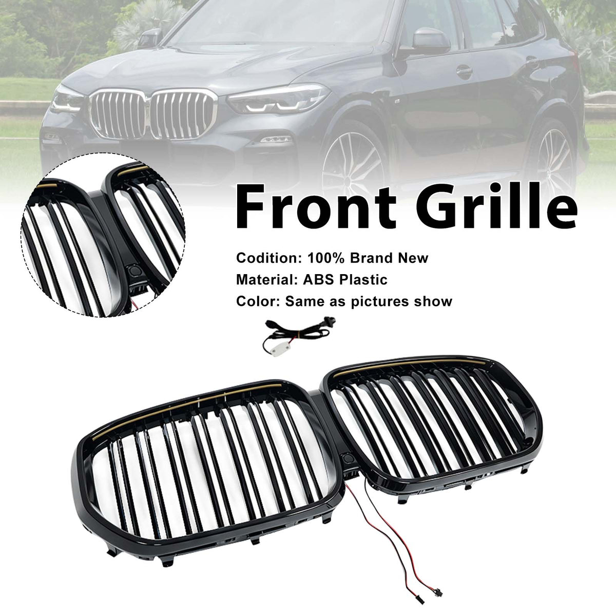 Double Slat Black Front Kidney Grille Fit BMW X5 G05 2019-2022 W/LED
