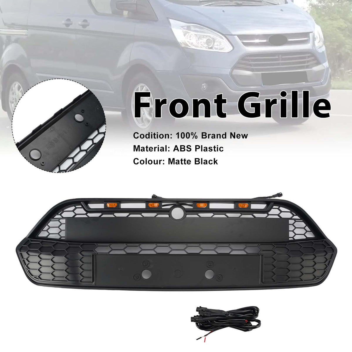 Matte Black Front Bumper Grille Grill Fit Ford Transit Custom 2013-2017 W/LED
