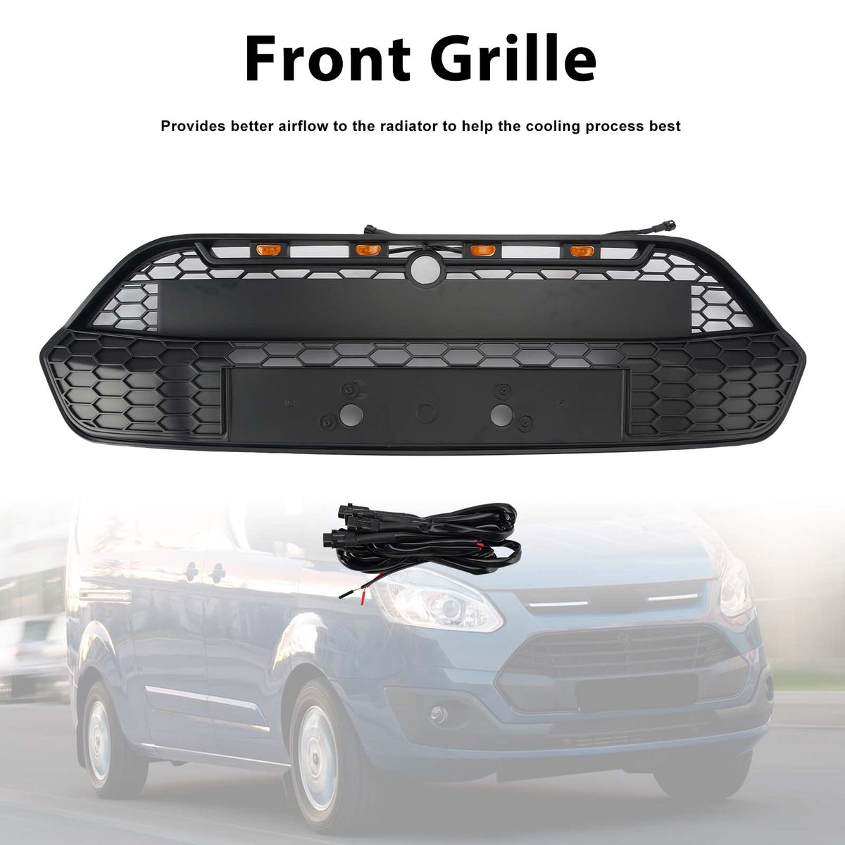 Matte Black Front Bumper Grille Grill Fit Ford Transit Custom 2013-2017 W/LED