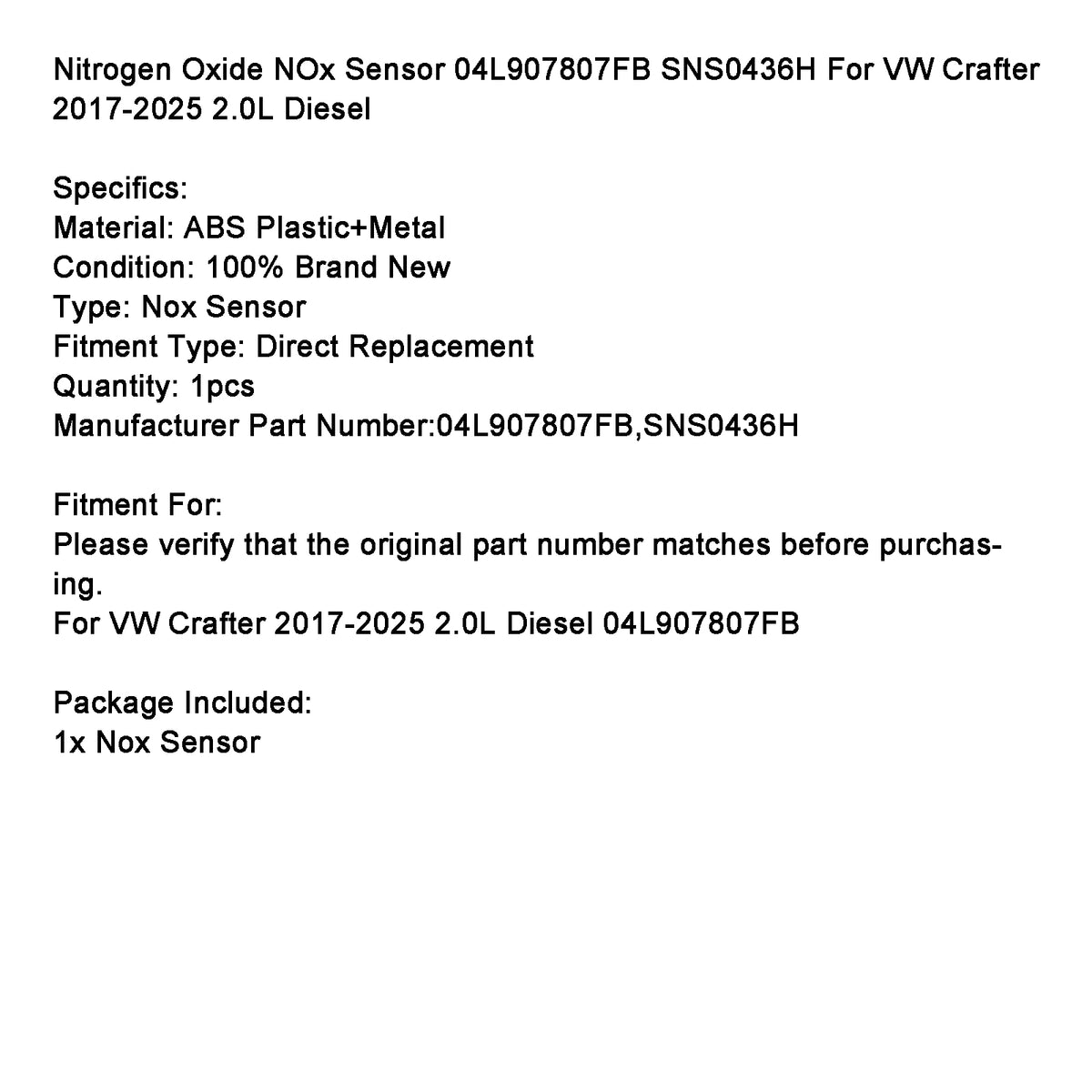 NOx Sensor 04L907807FB SNS0436H For VW Crafter 2017?2025 2.0L Diesel