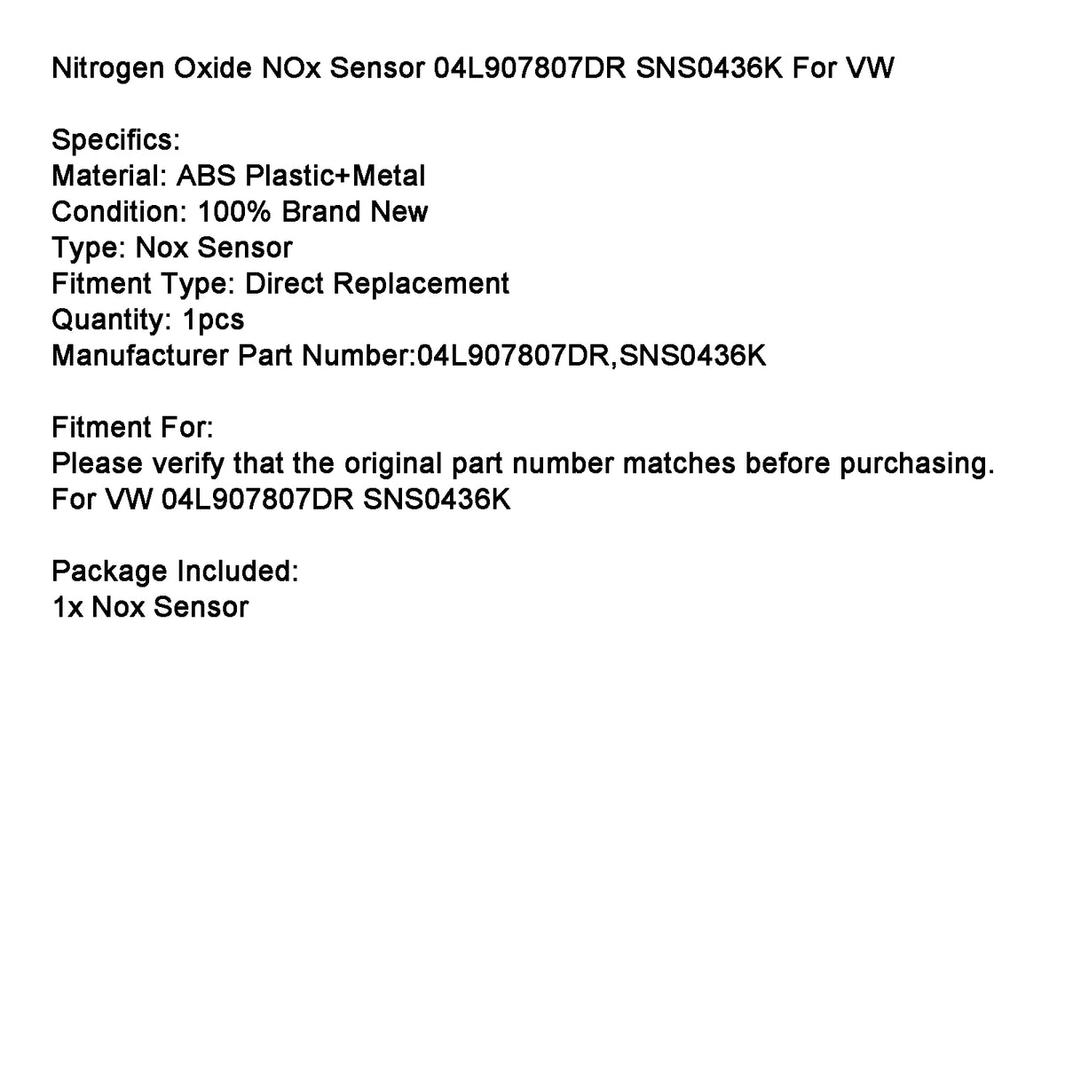 Nitrogen Oxide NOx Sensor 04L907807DR SNS0436K For VW