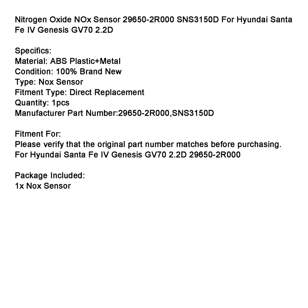 NOx Sensor 29650?2R000 For Hyundai Santa Fe IV Genesis GV70 2.2D