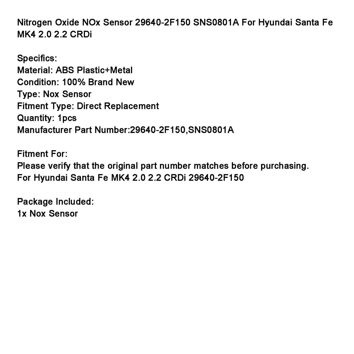 Nitrogen Oxide NOx Sensor 29640?2F150 For Hyundai Santa Fe MK4 2.0 2.2 CRDi