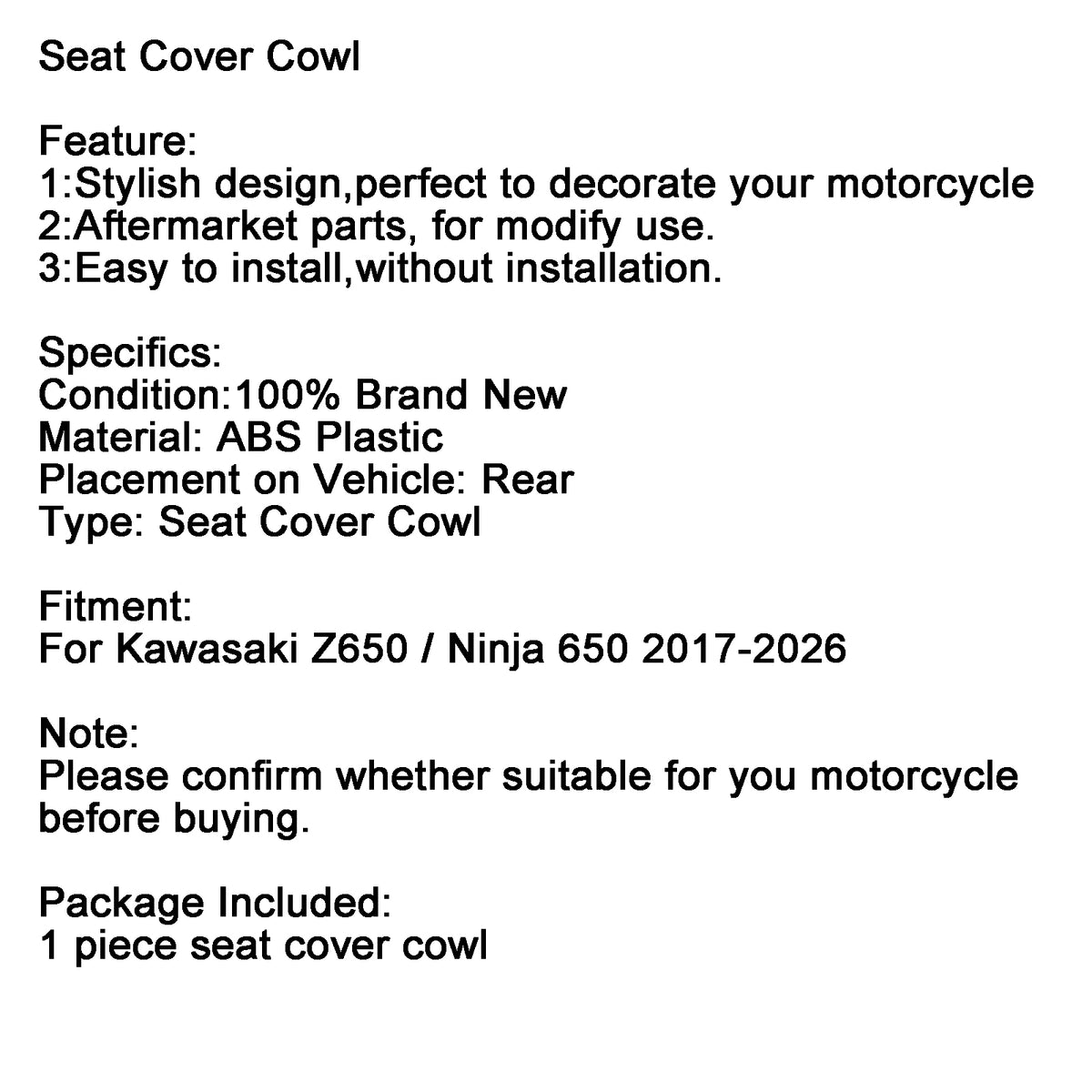 Rear Seat Cowl Fairing Cover For Kawasaki Z650 Ninja 650 ER6F 2017-2026