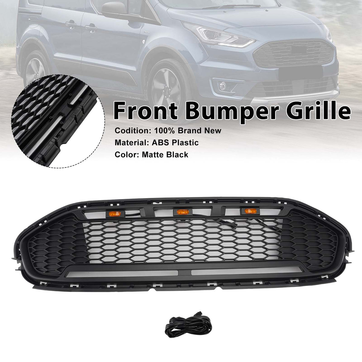 Black Front Bumper Grill Grille Fit Ford Transit Connect 2019-2023 W/LED
