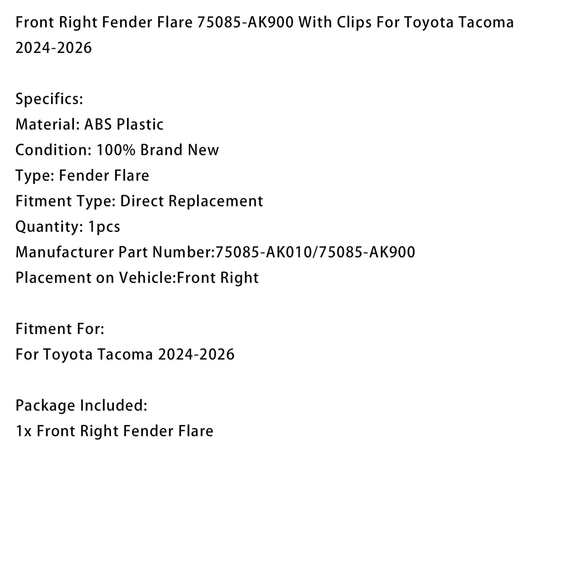 Front Right Fender Flare 75085-AK900 With Clips For Toyota Tacoma 2024-2026