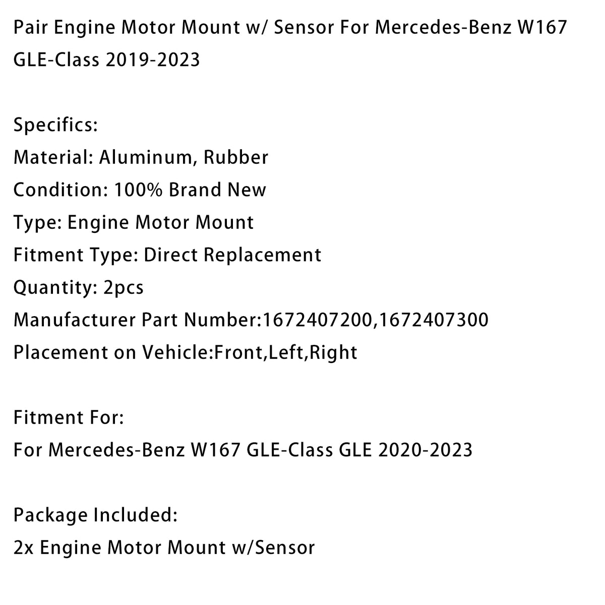 Engine Motor Mount 1672407200 1672407300 For Mercedes W167 GLE-Class 2019-2023