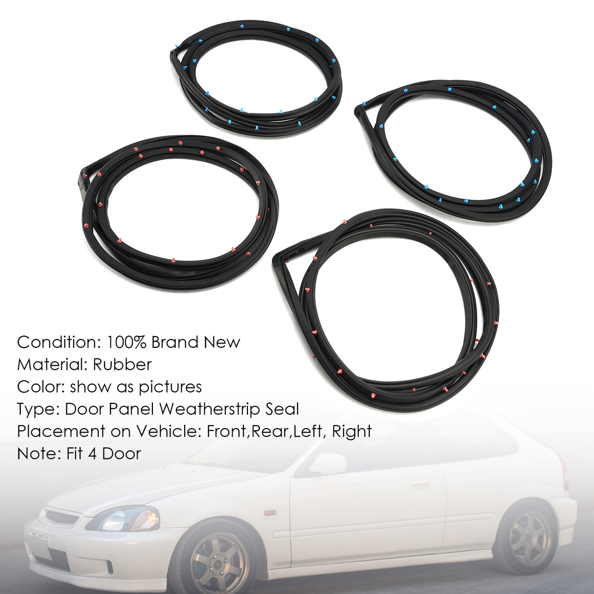 4PCS Rubber Door Weatherstrip Seal For Honda Civic 4 Door Sedan 1996-2000