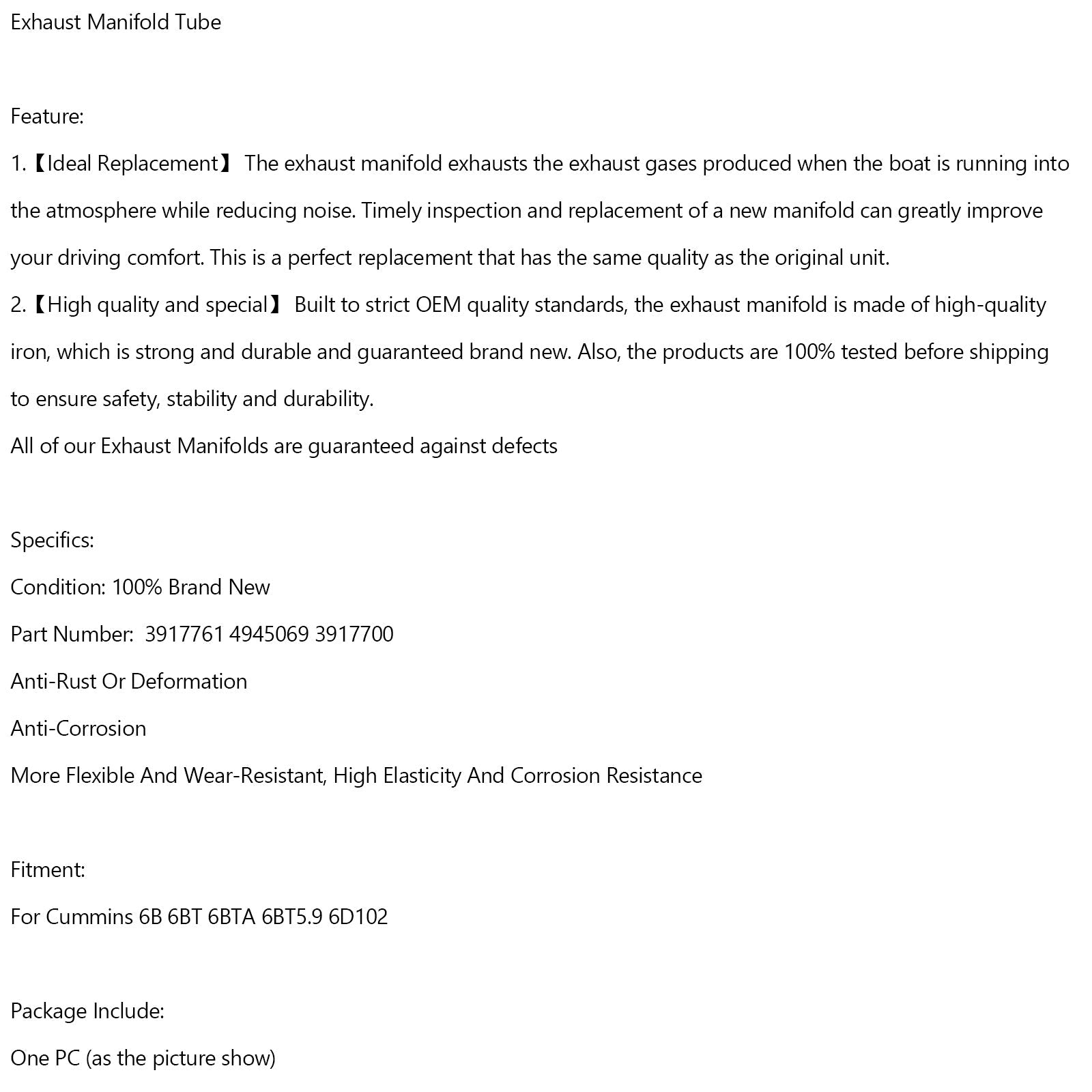3917761 4945069 3917700 Exhaust Manifold Tube For Cummins 6B 6BT 6BTA 6BT5.9 6D102