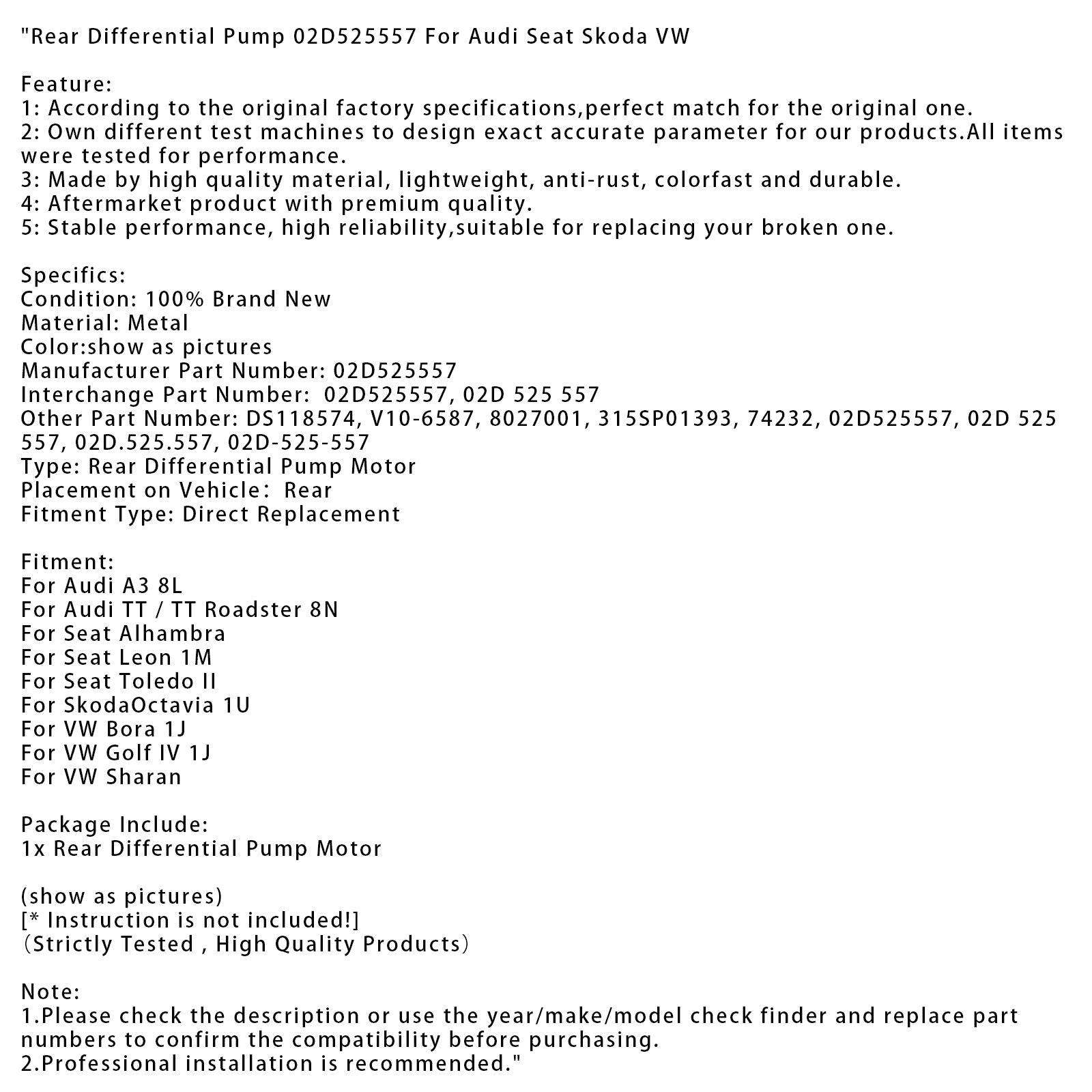 VW Sharan Rear Differential Pump 02D525557
