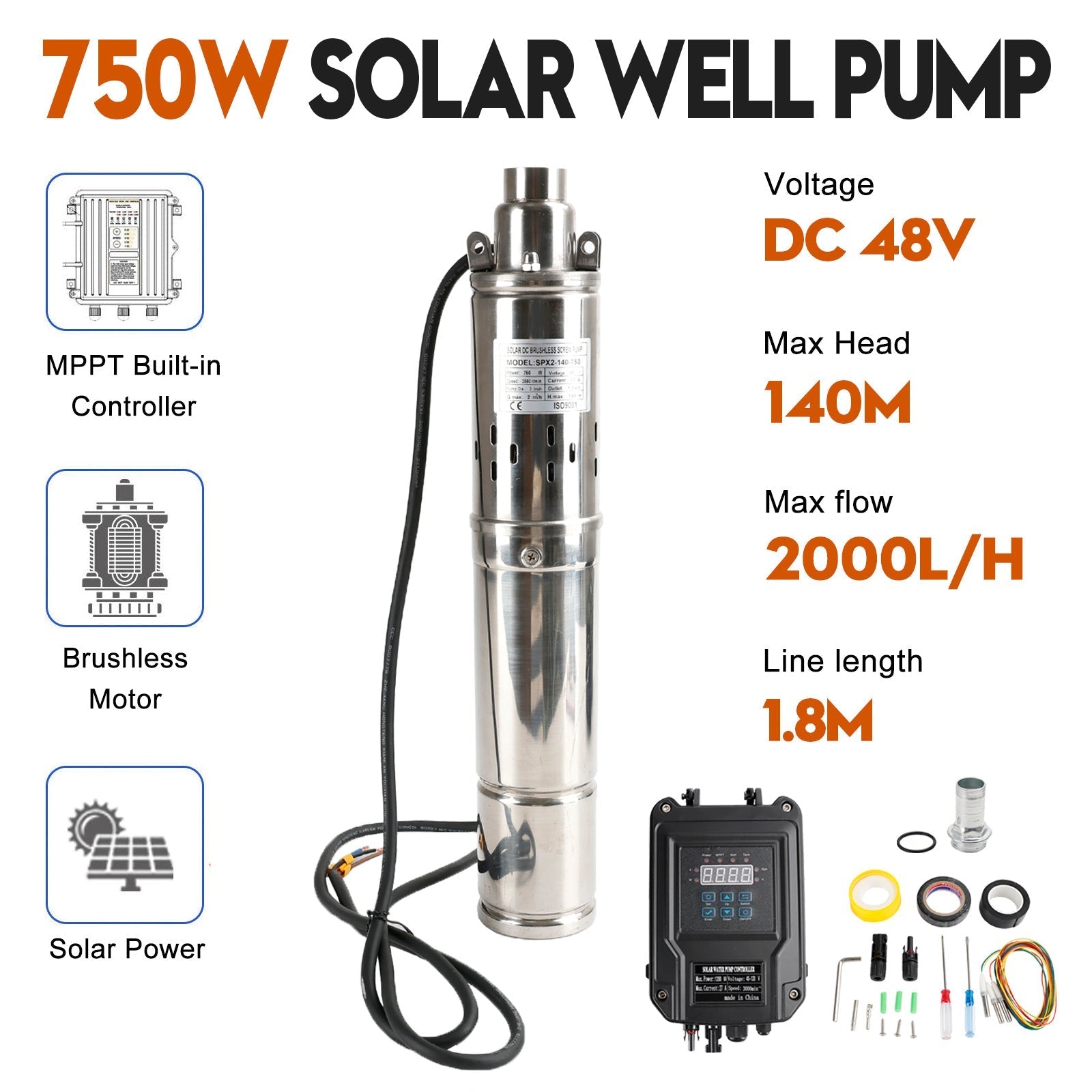 3" 750W 48V MPPT Screw Solar Bore Pump Submersible Deep Well Hole Steel