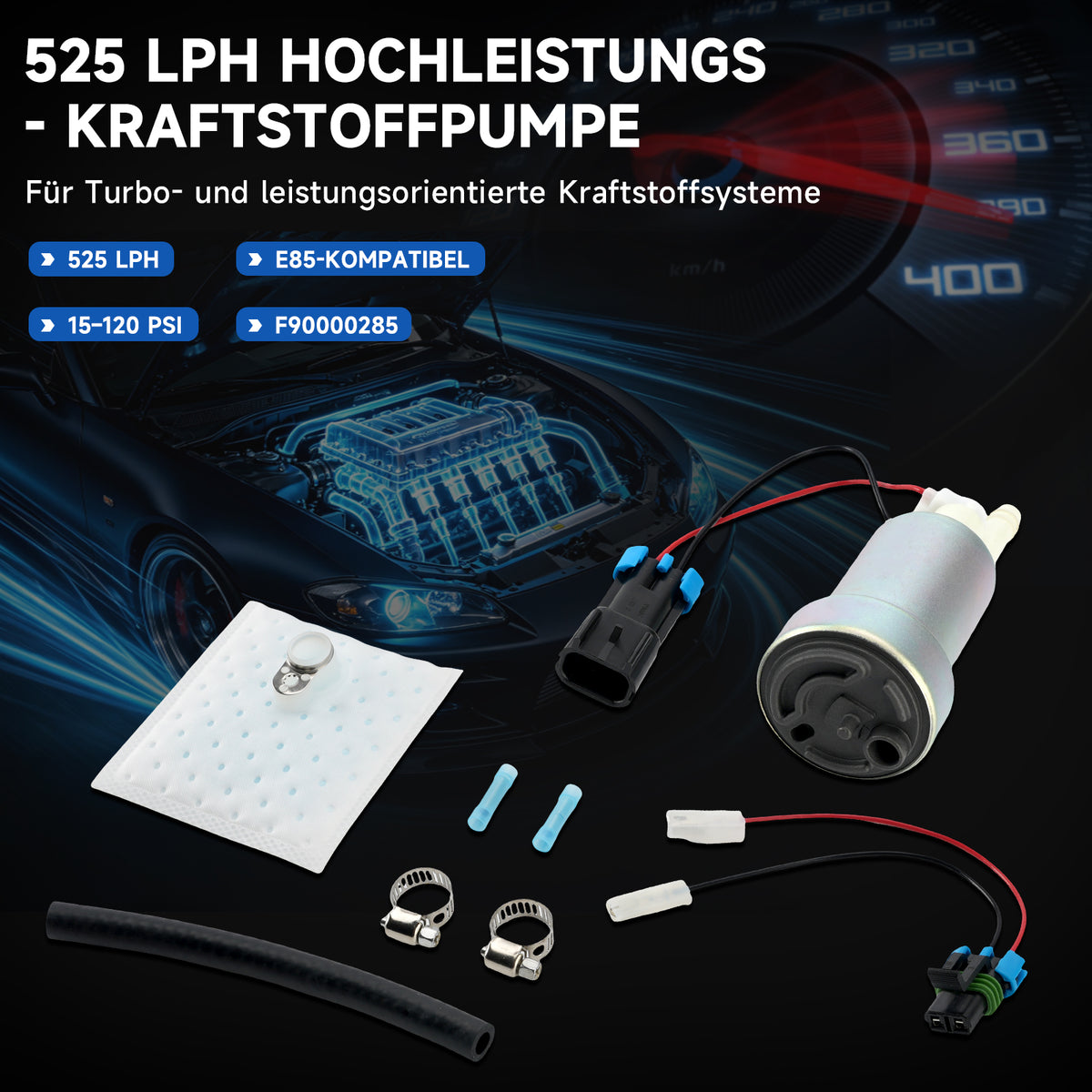 Walbro TI 525lph F90000285 Hellcat Fuel Pump & Install Kit E85 Compatible