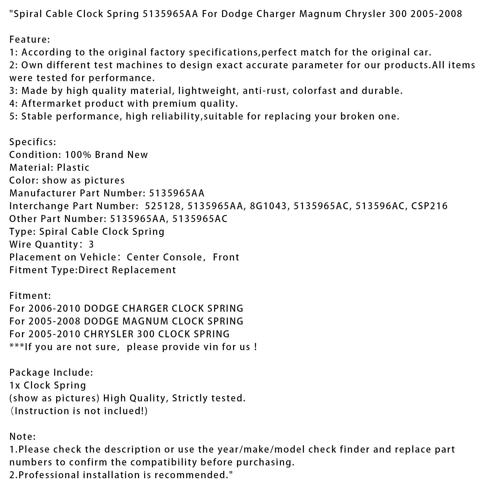 Spiral Cable Clock Spring 5135965AA For Dodge Charger Magnum Chrysler 300 05-08