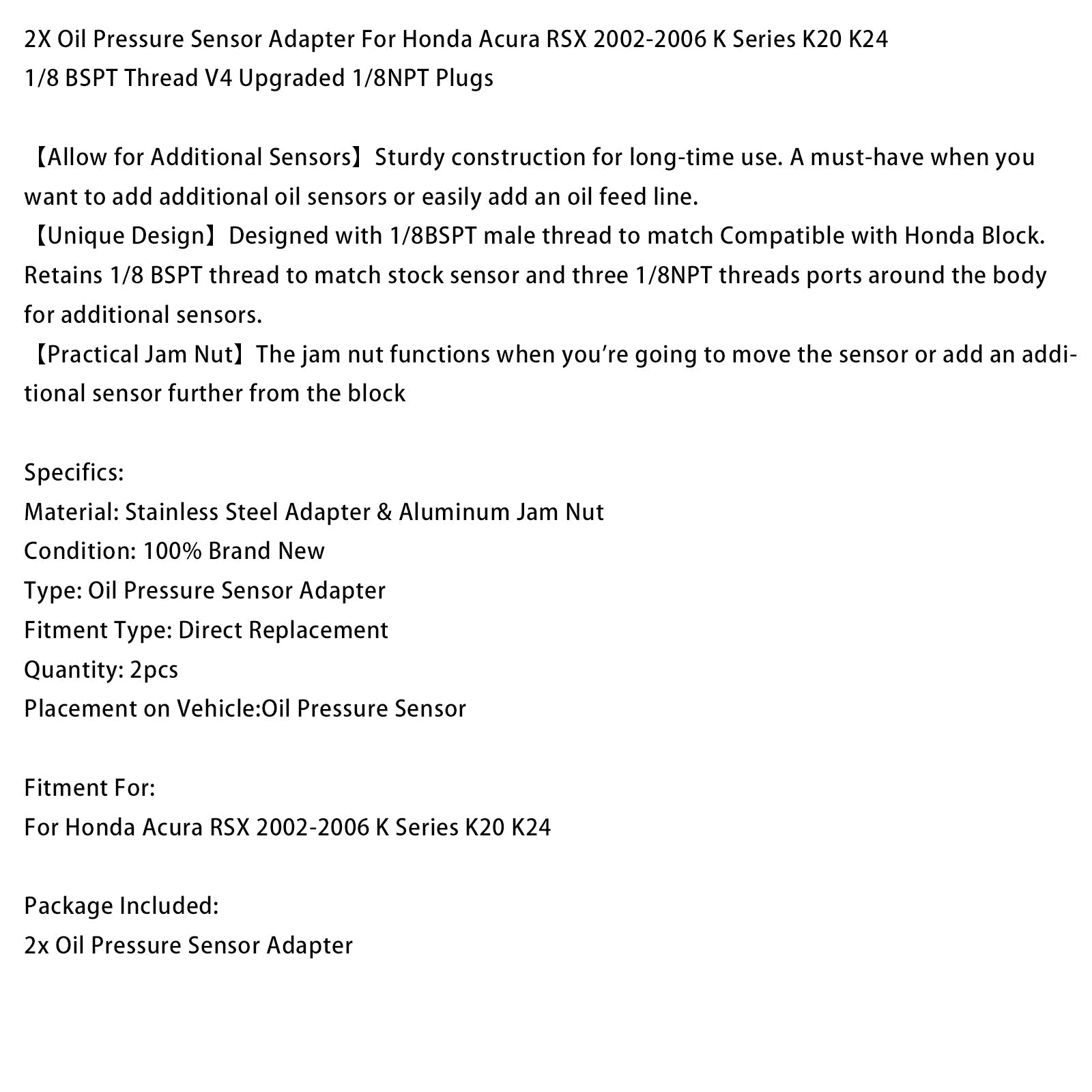 2002-2006 Honda Acura RSX K Series K20 K24 2x Oil Pressure Sensor Adapter